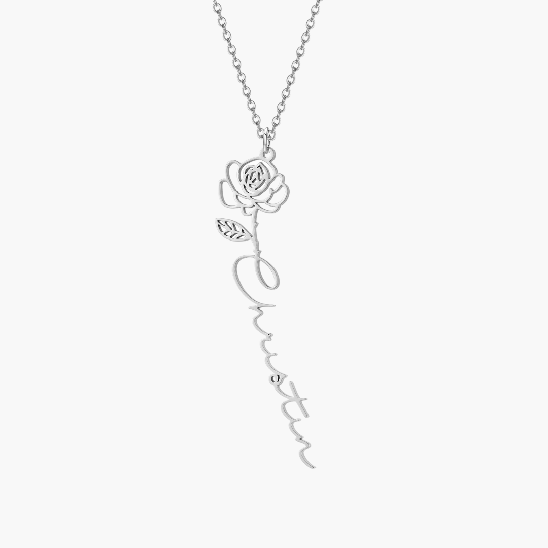 collier verticale fleur rose en argent amour & bijoux