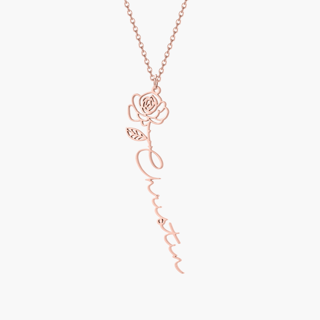 collier verticale fleur rose en plaqué or rose amour & bijoux